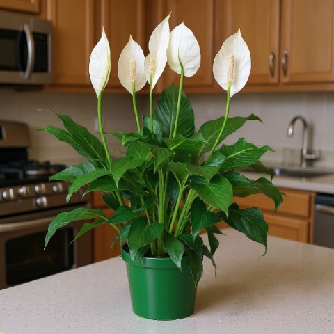 An elegant Peace Lily with glossy leaves and a white flower.