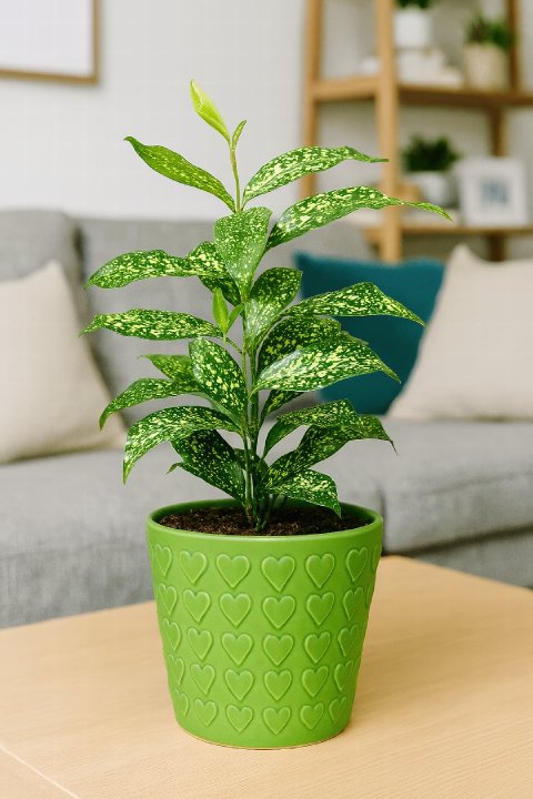 A Dracaena surculosa with green leaves speckled in yellow, like gold dust.