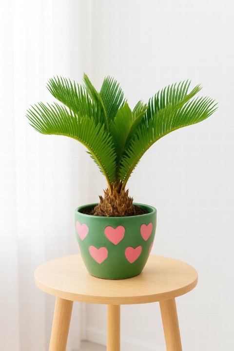 An elegant Sago Palm with its stiff, feathery fronds creating a symmetrical rosette, thriving in a brightly lit indoor space.