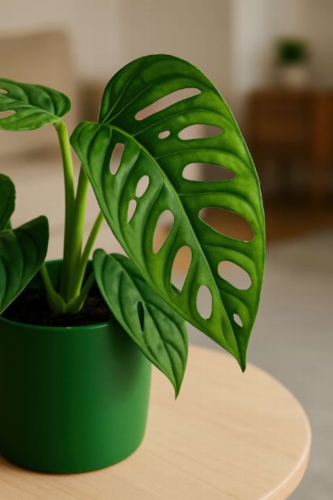 A Monstera adansonii, or 'Swiss Cheese Vine', showing its hole-filled leaves in a hanging basket.