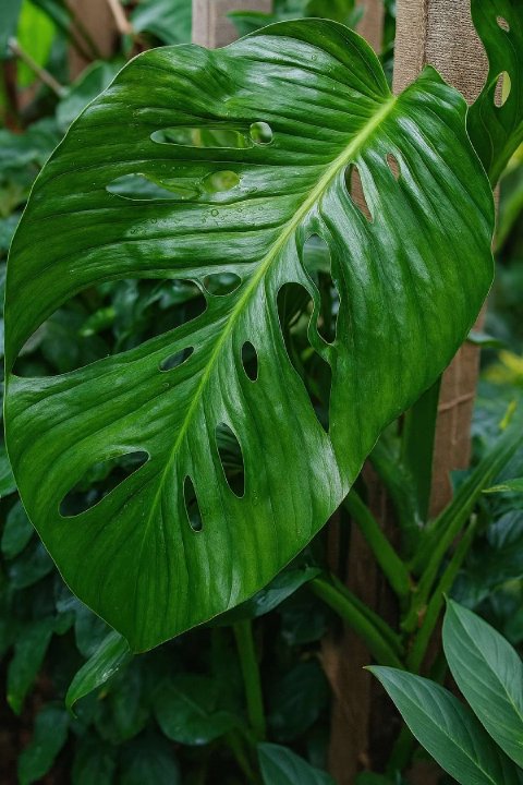 A mature Monstera lechleriana leaf displaying its distinctive, neat circular holes on either side of the midrib.