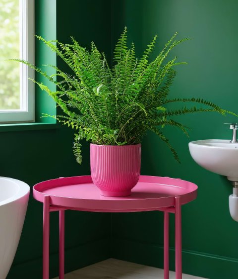 A lush and feathery Boston Fern in a hanging basket, perfectly suited for a steamy bathroom.