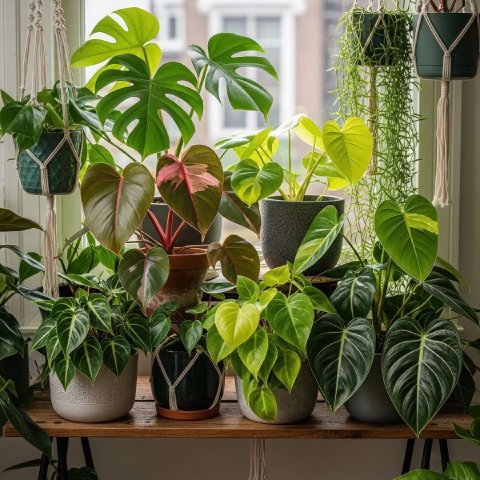 A trailing Heartleaf Philodendron with its lush green leaves, a classic tropical plant that loves humidity.