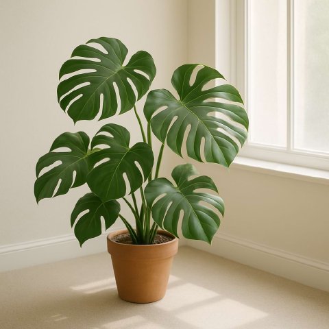 A healthy Monstera plant a few feet away from a bright window, in a well-lit room but out of the direct sun.