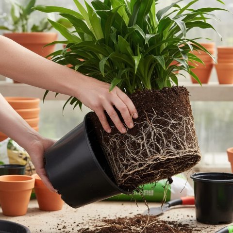 Hands carefully sliding a large, root-bound plant out of its plastic nursery pot.