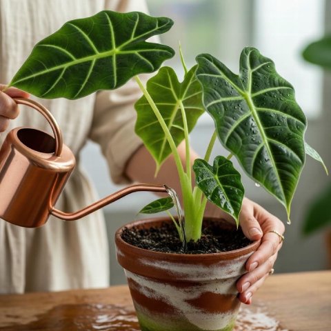 A hand watering an Alocasia Frydek, showing water draining from the bottom of the pot