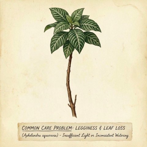 Illustration of a leggy Aphelandra plant with bare lower stems
