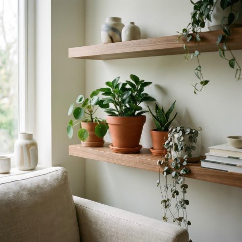 Baby Rubber Plant styled on a shelf in a simple ceramic pot with other compact houseplants nearby.