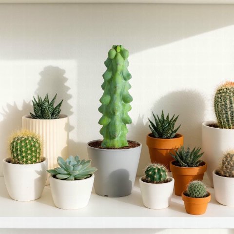 A Myrtillocactus geometrizans 'Fukurokuryuzinboku' displayed as a centerpiece among a collection of other diverse succulents and cacti on a sunny shelf.