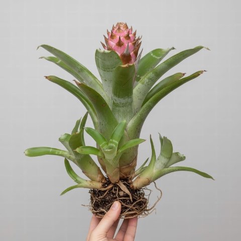 A bromeliad with several pups growing at its base.