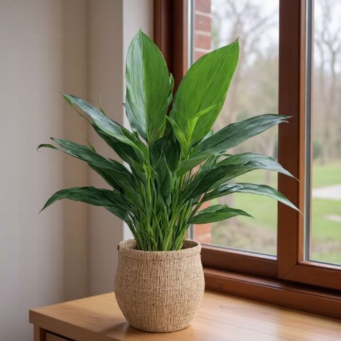 A lush Cast Iron Plant sitting on a wooden table in a decorative woven basket cachepot.