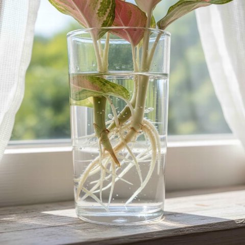 Aglaonema stem cuttings rooting in a clear glass of water.