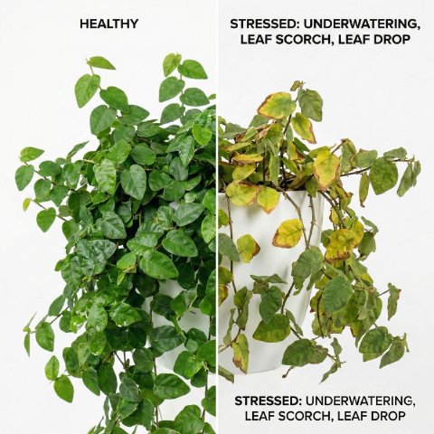 Split image showing healthy dense Creeping Fig foliage on left versus yellowing and dropping leaves on right for comparison
