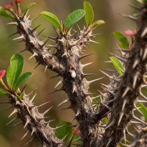 Extreme close-up macro photograph of Crown of Thorns stems showing the dense sharp spines along the woody stems with small bright green leaves emerging between the thorns