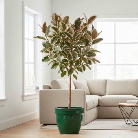 A large Ficus Tineke standing as a statement floor plant in a bright, modern living room.