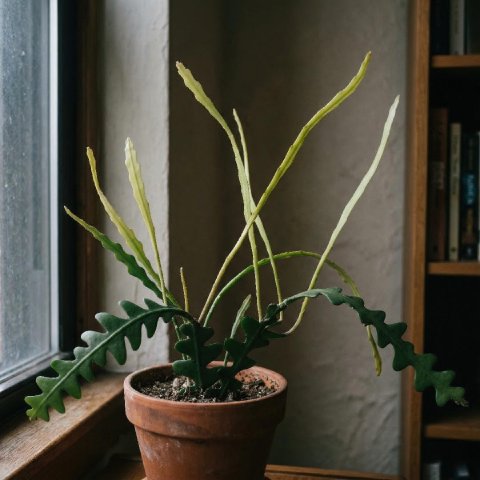 Fishbone Cactus with thin stretched pale stems from low light