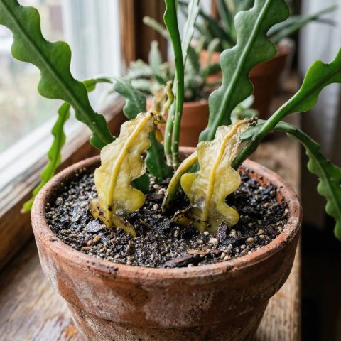 Fishbone Cactus with yellowing soft stems near the base from overwatering