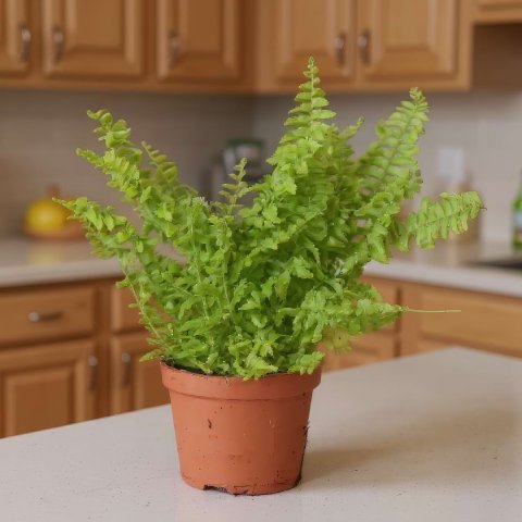 A full Fluffy Duffy Fern in a terracotta pot sitting on a bright kitchen counter.