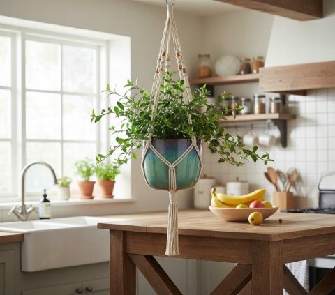 A lush and full Goldfish Plant trailing beautifully from a decorative hanging basket