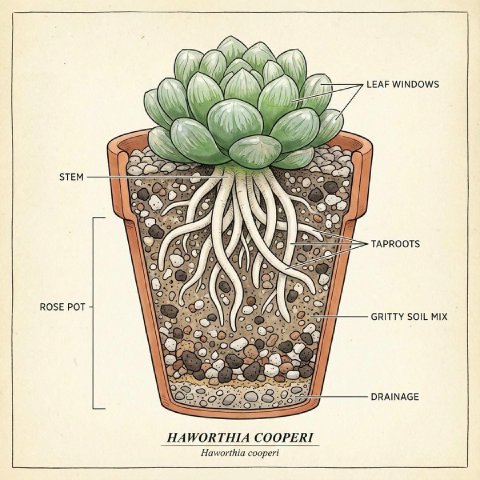 Diagram showing Haworthia taproots in deep pot with gritty soil