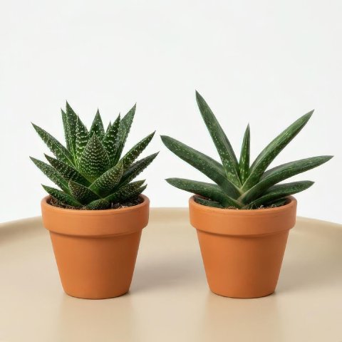 Comparison showing Gasteria Little Warty's compact bumpy form next to a larger smooth-leaved Gasteria species