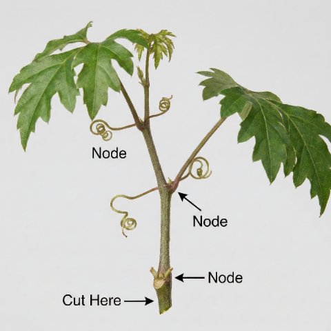 Close-up diagram of an Oak Leaf Ivy stem showing the node, tendril, and leaf structure with arrows indicating where to cut for propagation