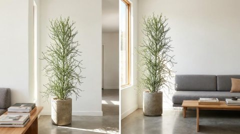 Split comparison showing a healthy Pencil Cactus with firm vibrant green cylindrical stems on the left and a stressed plant with soft yellowing mushy stems and sparse leggy growth on the right