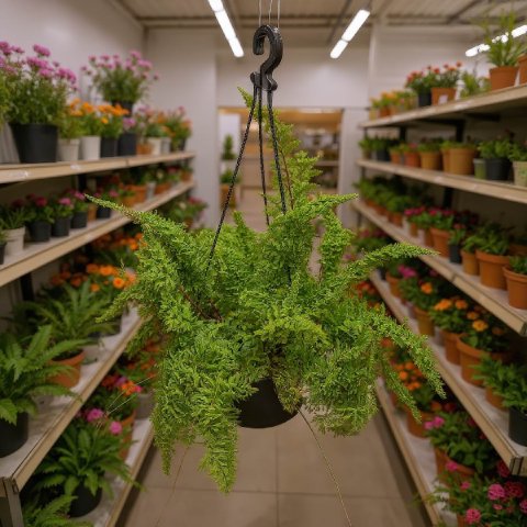 A lush Roosevelt Fern in a black hanging basket in a plant nursery.