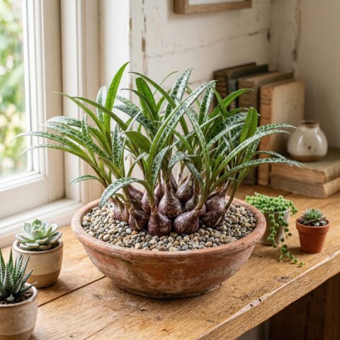 A colony of Silver Squill displayed in a shallow terracotta bowl with gravel top dressing on a bright shelf beside other small succulents.