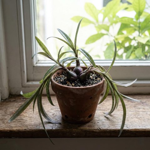 Silver Squill grown in low light showing stretched floppy leaves with weak silver pattern and an open loose clump.