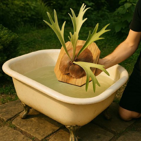 A mounted staghorn fern being soaked in a basin of water