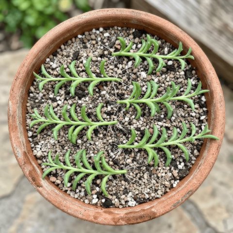 Stem cuttings of String of Dolphins laid horizontally across the surface of succulent soil to root.