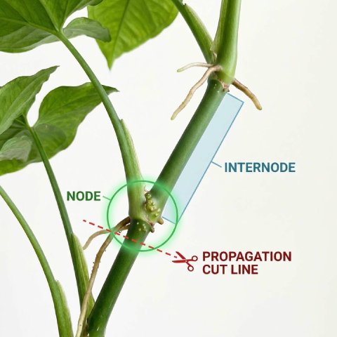 Diagram showing where to cut a Syngonium stem for propagation