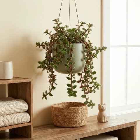 Teddy Bear Vine displayed in a hanging planter with trailing fuzzy stems