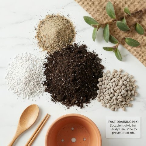 Components of ideal Teddy Bear Vine potting mix including soil, perlite, and sand