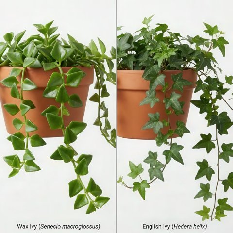Wax Ivy compared to English Ivy showing the difference in leaf thickness