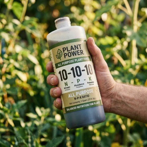 A close-up of a fertilizer bottle label showing the N-P-K numbers 10-10-10 prominently.