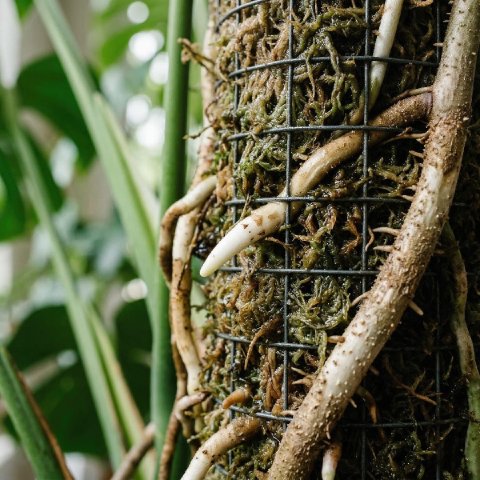 An extreme close-up of a Monstera's thick aerial roots burrowing into damp sphagnum moss on a moss pole.
