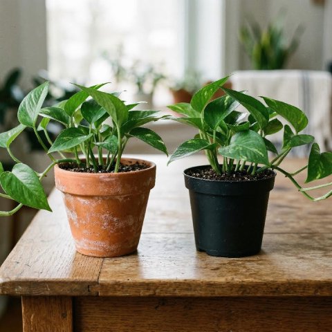 A side-by-side comparison of a terracotta pot and a black plastic nursery pot, each containing a Pothos plant.